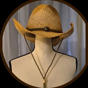 Kenny K Outback Distressed Raffia Western Hat w/Metal Concho & Adj Chin Cord S/L
